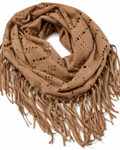 Altar'd State Camel Faux Suede Laser-Cut Fringe Infinity Scarf - Sable & Red
