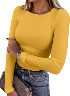 ANRABESS Women Long Sleeve Shirts Ribbed Fitted Tops - Sable & Red