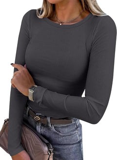 ANRABESS Women Long Sleeve Shirts Ribbed Fitted Tops - Sable & Red