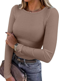 ANRABESS Women Long Sleeve Shirts Ribbed Fitted Tops - Sable & Red