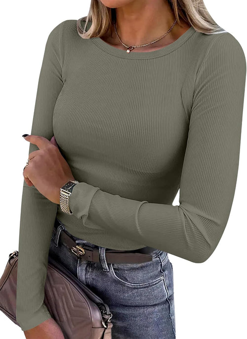 ANRABESS Women Long Sleeve Shirts Ribbed Fitted Tops - Sable & Red