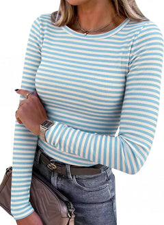 ANRABESS Women Long Sleeve Shirts Ribbed Fitted Tops - Sable & Red