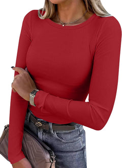 ANRABESS Women Long Sleeve Shirts Ribbed Fitted Tops - Sable & Red