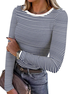 ANRABESS Women Long Sleeve Shirts Ribbed Fitted Tops - Sable & Red