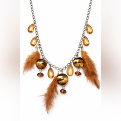 Anthropologie Boho Feather Amber Crystal Charm Chain Statement Necklace - Sable & Red