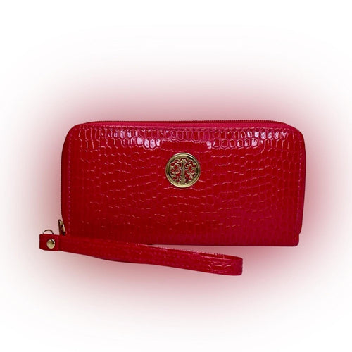 DESIGNER Luxury Pink Croc-Embossed Wristlet Wallet with Gold Emblem