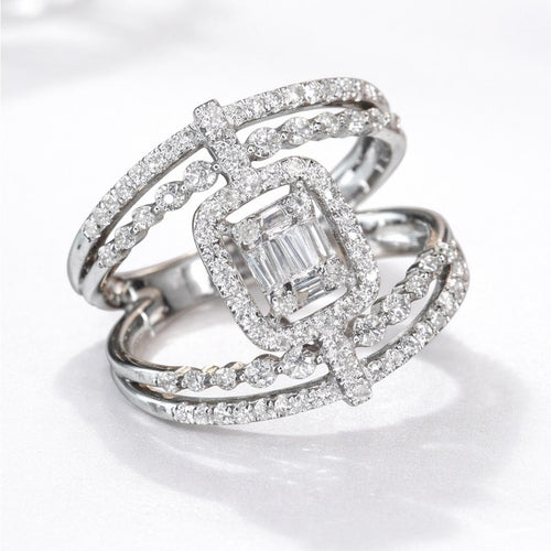 18K White Gold Baguette and Round Diamond Wide Three Row Ring Sz 6