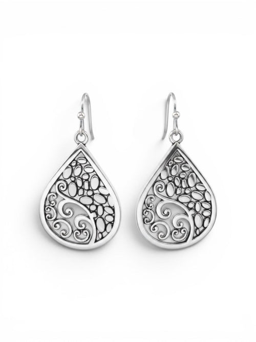 Silver Teardrop Filigree Earrings Openwork Dangle 1.45in