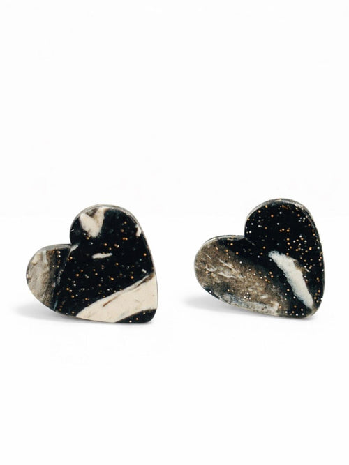 Black Glitter & White Heart Stud Earrings - Women Jewelry - Sable & Red