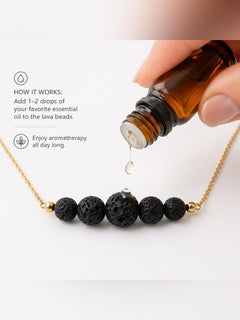 Black Lava Rock Essential Oil Diffuser Necklace Gold Filled Aromatherapy Jewelry - Sable & Red