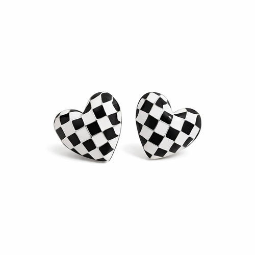 Black & White Checkerboard Heart Stud Earrings with Gold Outlines - Sable & Red