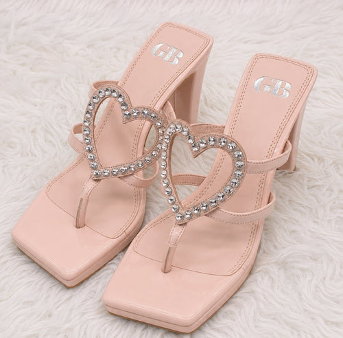 Gianni Bini GB “The Heart” Rhinestone Heart Platform Thong Heeled Sandals Pink