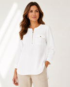 Jones New York White 100% Linen High-Low Zip Tunic Top Large