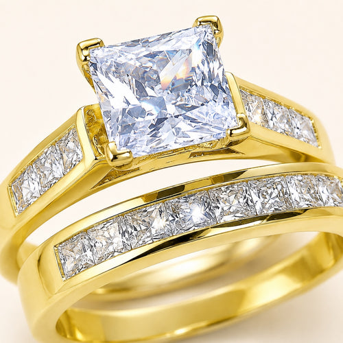 4.5 CTW Gold-Plated Princess Cut CZ Bridal Ring Set