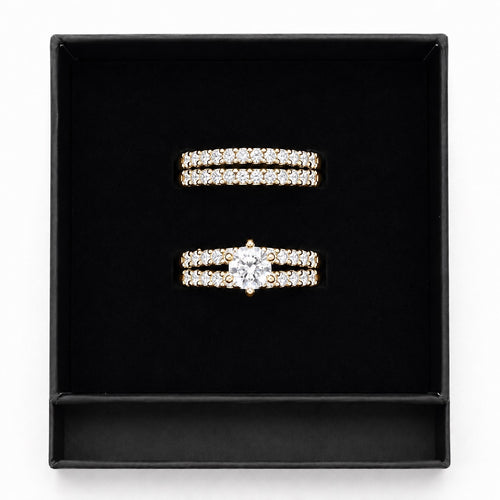 14k Gold-Plated CZ Double Row Stackable Wedding Engagement Ring 2-piece Set