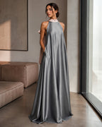 Charcoal High Neck Blush Bow Back Satin Formal Maxi Dress