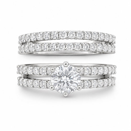 14k White Gold-Plate Double Row Stackable Wedding Engagement Ring 2-piece Set