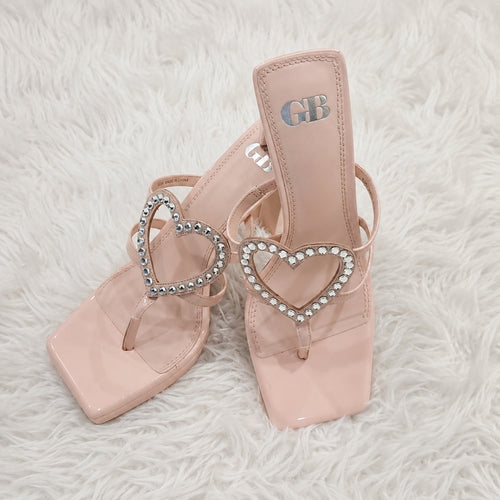 Gianni Bini GB “The Heart” Rhinestone Heart Platform Thong Heeled Sandals Pink