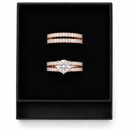 14k Rose Gold-Plate Double Row Stackable Wedding Engagement Ring 2-piece Set