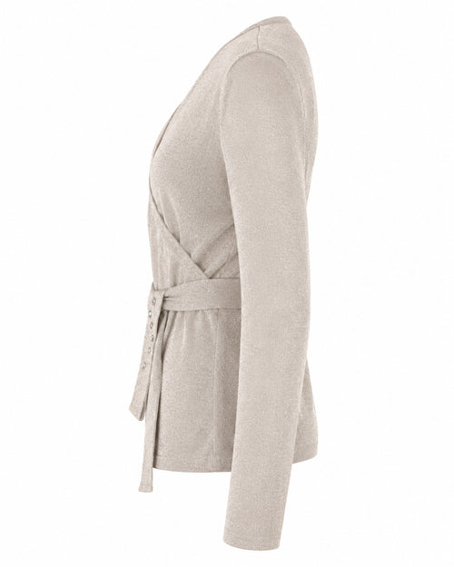 Nine & Co. Beige Metallic Shimmer Wrap Sweater Rhinestone Belt Detail Sz L