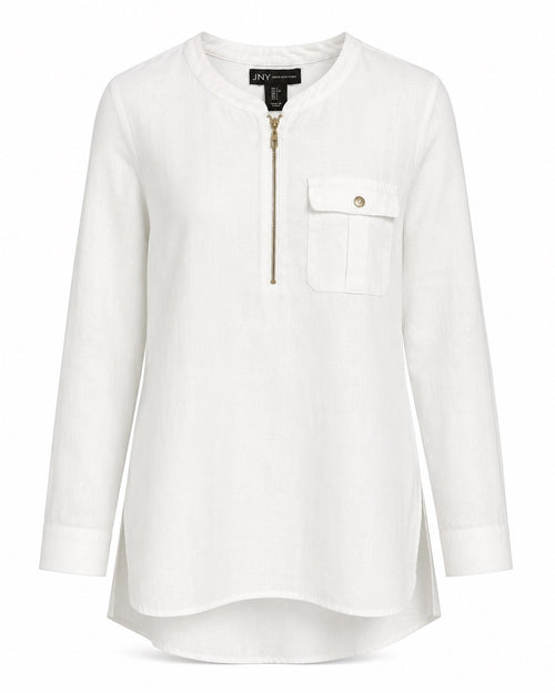 Jones New York White 100% Linen High-Low Zip Tunic Top Large