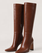 Cognac Brown Knee-High Pointed Toe Dress Boots with Block Heel