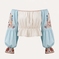 Blue Floral Off-Shoulder Boho Peplum Crop Top - Sable & Red