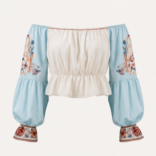 Blue Floral Off-Shoulder Boho Peplum Crop Top - Sable & Red