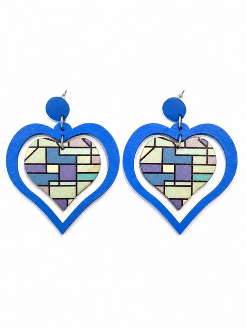 Blue Heart Drop Earrings Wooden Statement Lightweight - Sable & Red