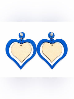 Blue Heart Drop Earrings Wooden Statement Lightweight - Sable & Red