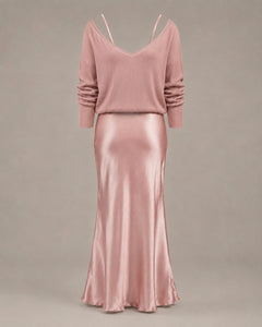 Blush Pink Satiny Maxi Dress and Top Two-Piece Set - Sable & Red
