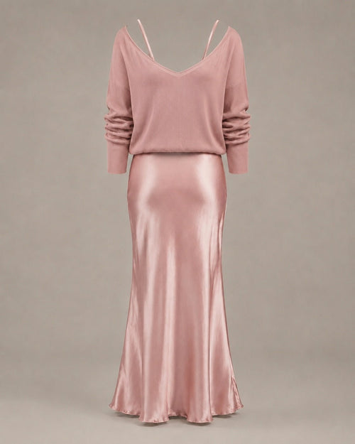Blush Pink Satiny Maxi Dress and Top Two-Piece Set - Sable & Red