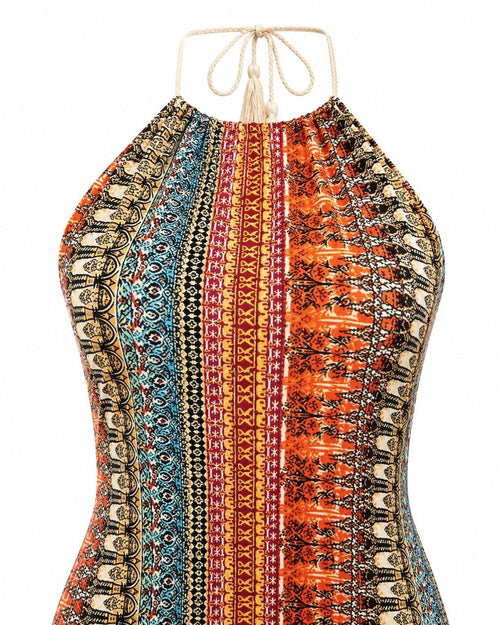 Boho Halter Fringe Mini Dress XL - Sable & Red