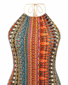Boho Halter Fringe Mini Dress XL - Sable & Red