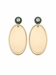 Boho Wood Oval Drop Earrings Gold Tone Green Botanica - Sable & Red