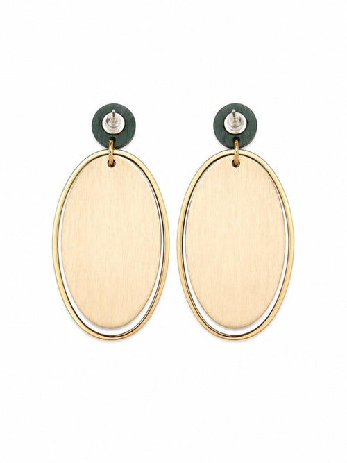 Boho Wood Oval Drop Earrings Gold Tone Green Botanica - Sable & Red