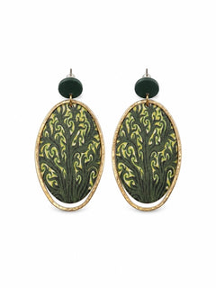 Boho Wood Oval Drop Earrings Gold Tone Green Botanica - Sable & Red