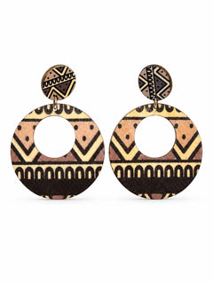 Boho Wooden Geometric Cutout Drop Earrings Tribal Print - Sable & Red