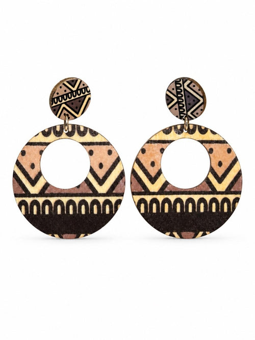 Boho Wooden Geometric Cutout Drop Earrings Tribal Print - Sable & Red