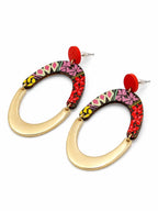 Boho Wooden & Gold Oval Drop Earrings Statement - Sable & Red