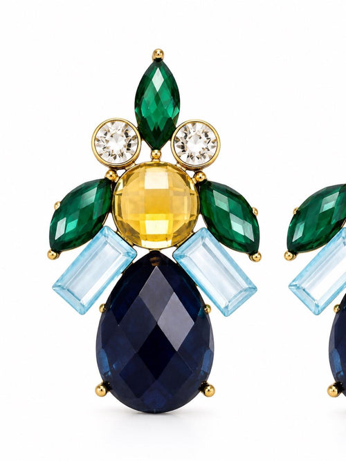 Bronze Statement Earrings Blue Green Crystal Gem Drop 1.5” - Sable & Red
