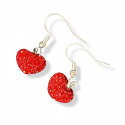Red Heart Earrings with Red Crystal Embellishments - Sterling Silver