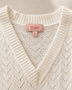 Candie’s White Open Knit V-Neck Sweater Top Size Large Rayon Long Sleeve Tunic - Sable & Red