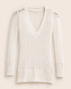 Candie’s White Open Knit V-Neck Sweater Top Size Large Rayon Long Sleeve Tunic - Sable & Red