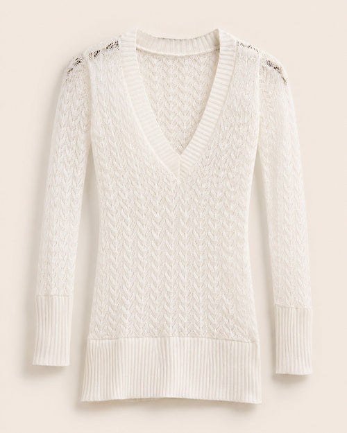 Candie’s White Open Knit V-Neck Sweater Top Size Large Rayon Long Sleeve Tunic - Sable & Red