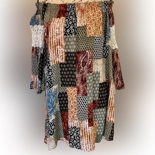 Audrey 3+1 Boho Patchwork Off-Shoulder Tunic Dress – Size Medium