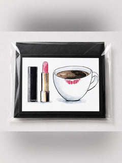 CHANEL Black Greeting Card with Pink Lipstick and White Coffee Cup Illustration - Sable & Red