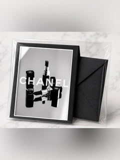 CHANEL Black & White Branded Photo Print with Lipstick Motif - Sable & Red