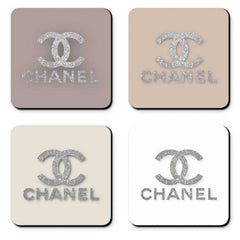 CHANEL Glitter Logo Coasters in Neutral Nude Tones - Set of 4 Glossy Coasters - Sable & Red