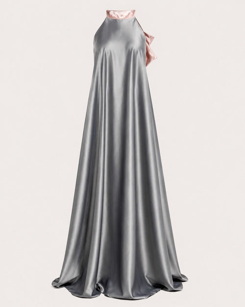 Charcoal High Neck Blush Bow Back Satin Formal Maxi Dress - Sable & Red